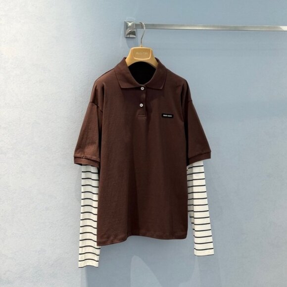 Brown Polo Shirt with Striped Sleeves - Picture 1 of 4